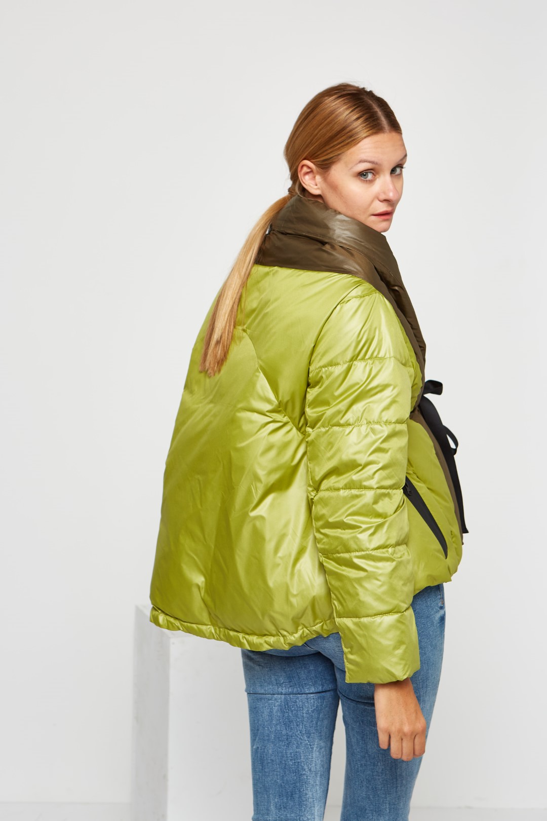 Bicolor short padded parka with tape detail