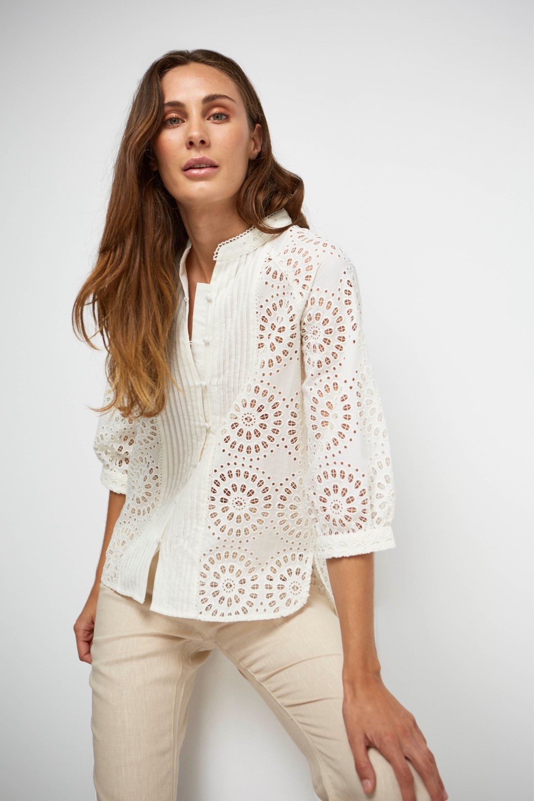 Openwork blouse with mao collar